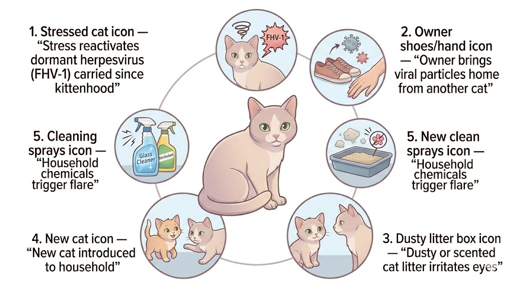 Indoor cat conjunctivitis exposure routes — herpesvirus flare from stress, owner-carried virus, litter dust, household chemicals