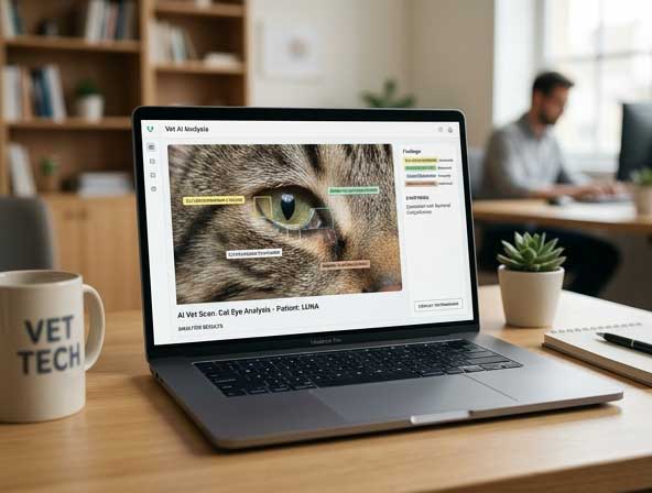 AI analyzing cat eye discharge photo for color and infection signs