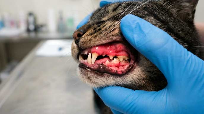 Bright red inflamed cat gums showing gingivitis or stomatitis