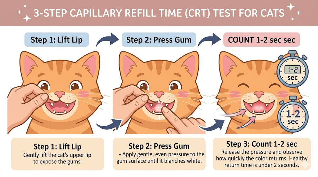 CRT Capillary Refill Time test for cats in 3 steps — lift lip, press gum, count 1 to 2 seconds for color to return