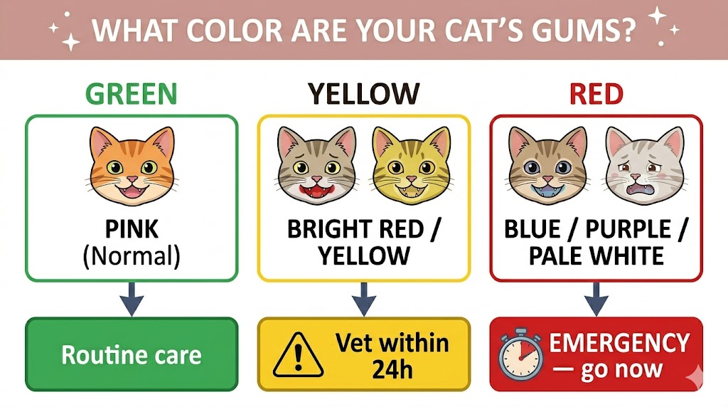 Cat gum color emergency decision tree — green pink routine, yellow red 24h vet, red blue purple white emergency now