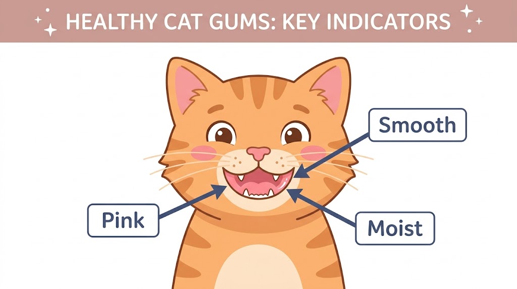 Healthy cat gum color — bubblegum pink, moist, smooth above the teeth