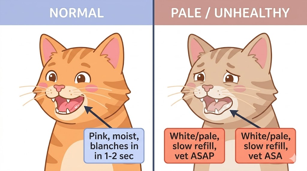 Side-by-side comparison of normal pink cat gums vs pale white cat gums showing the visual difference