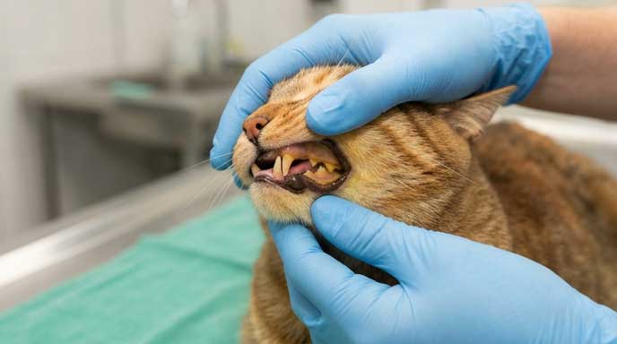 Yellow jaundiced cat gums indicating liver disease or hepatic lipidosis emergency
