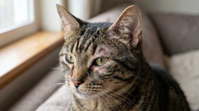 Cat with hair loss around eyes and ears showing potential ringworm or allergy pattern