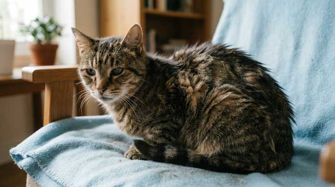 Senior cat with poor unkempt coat suggesting possible hyperthyroidism