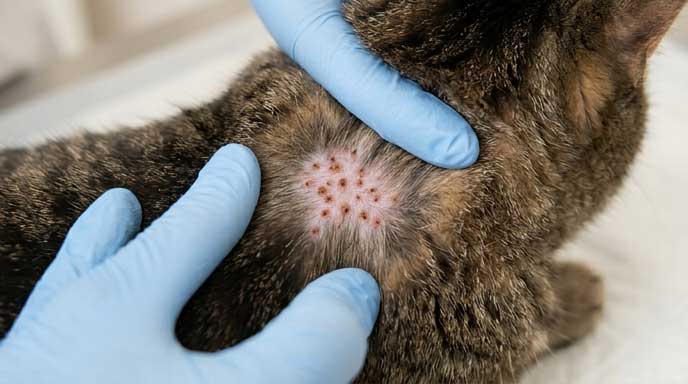 Cat with miliary dermatitis showing scattered small scabs across the back