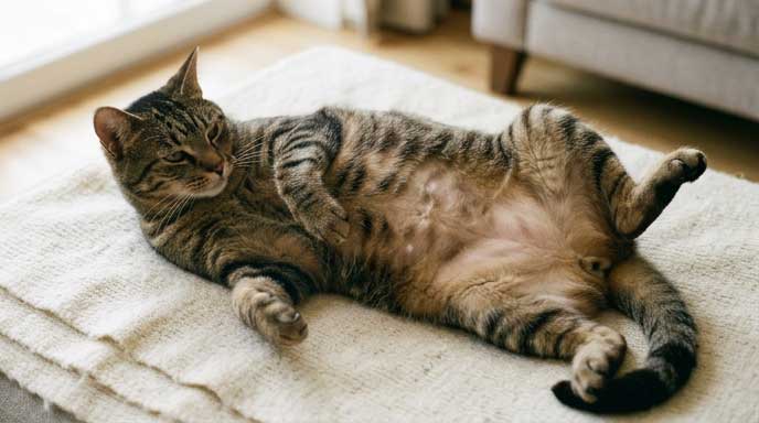 Cat overgrooming her belly showing classic psychogenic alopecia pattern