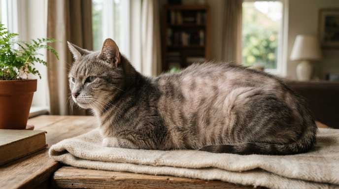 Senior cat with poor coat and hair loss showing signs suggestive of feline leukemia virus