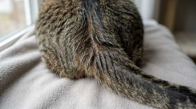 Cat with stud tail showing greasy waxy patch at base of tail