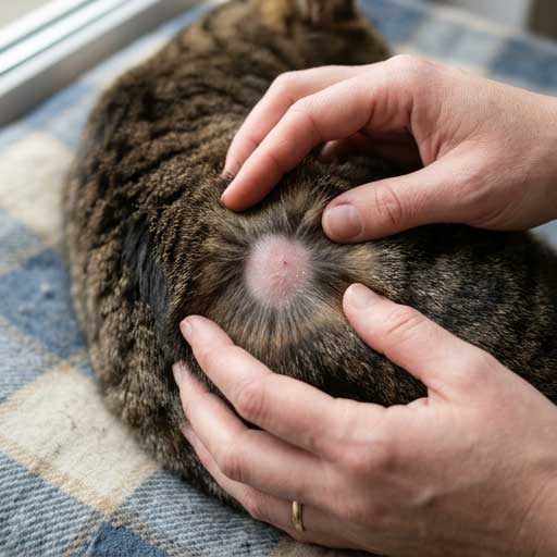 Good example: close-up of a cat bald patch with fur parted showing skin clearly