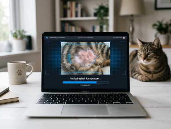 AI analyzing cat hair loss photo for pattern, location, and self-trauma signs