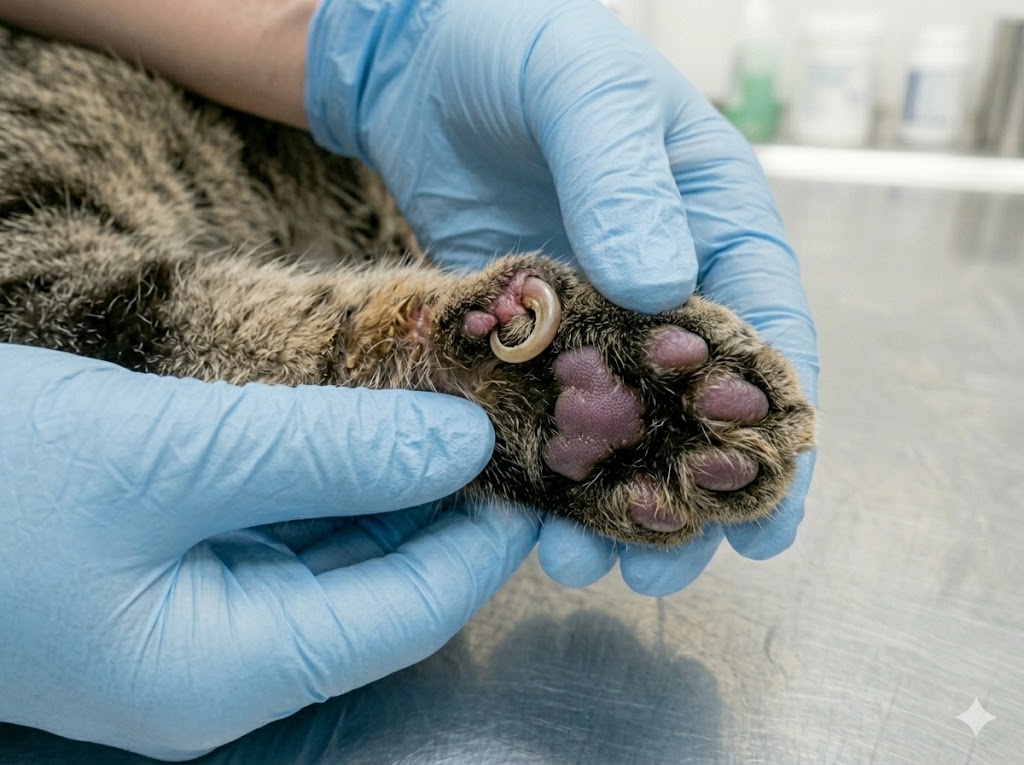 Cat ingrown claw curling into paw pad