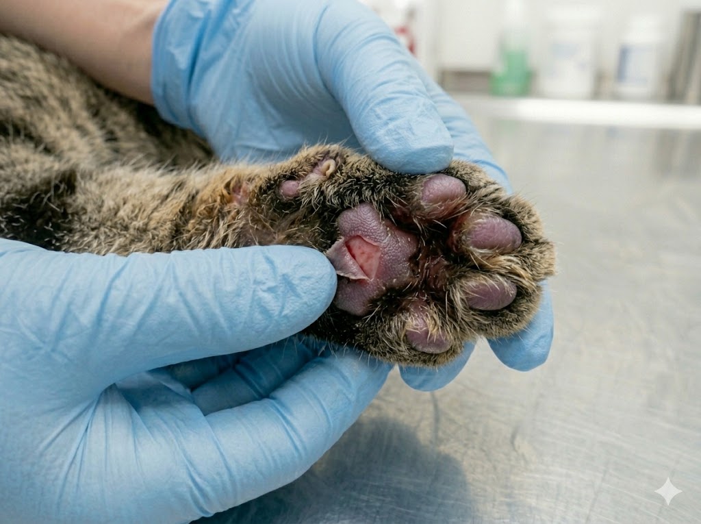Cat paw pad with cut or peeling injury