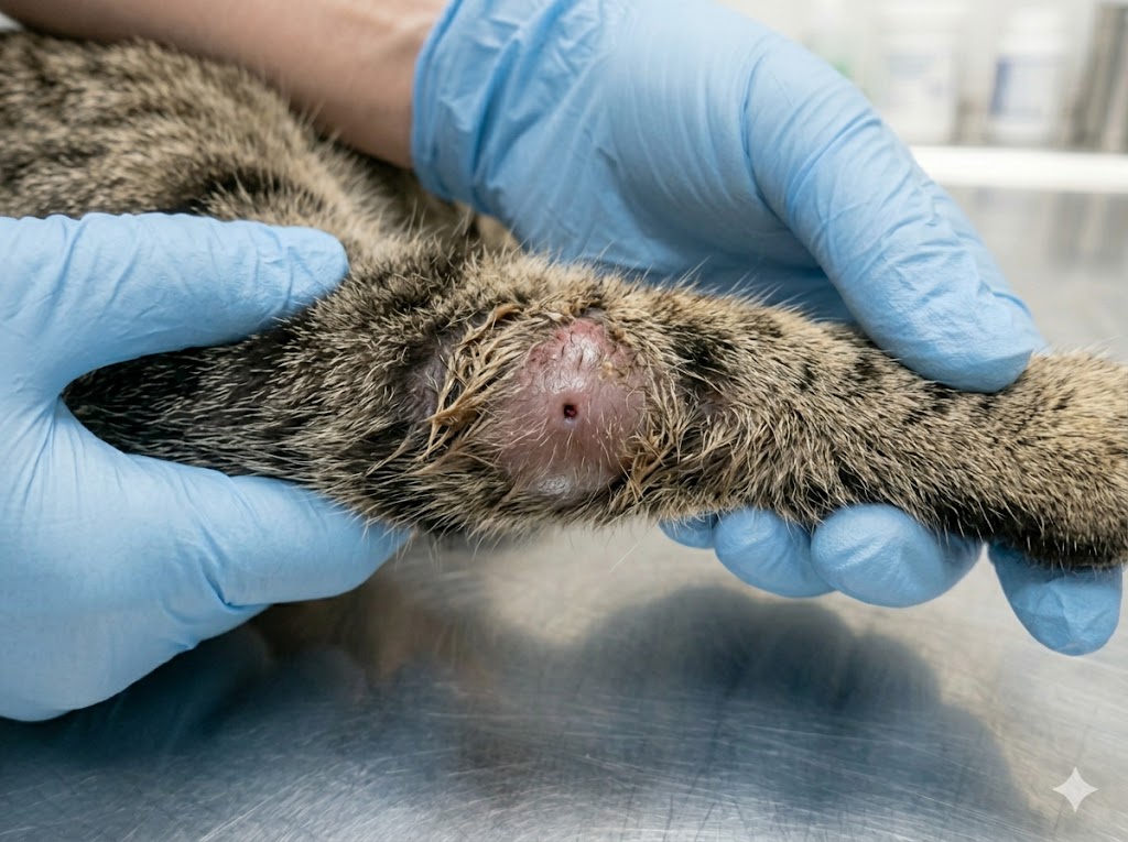 Cat paw abscess showing swelling from bite wound infection