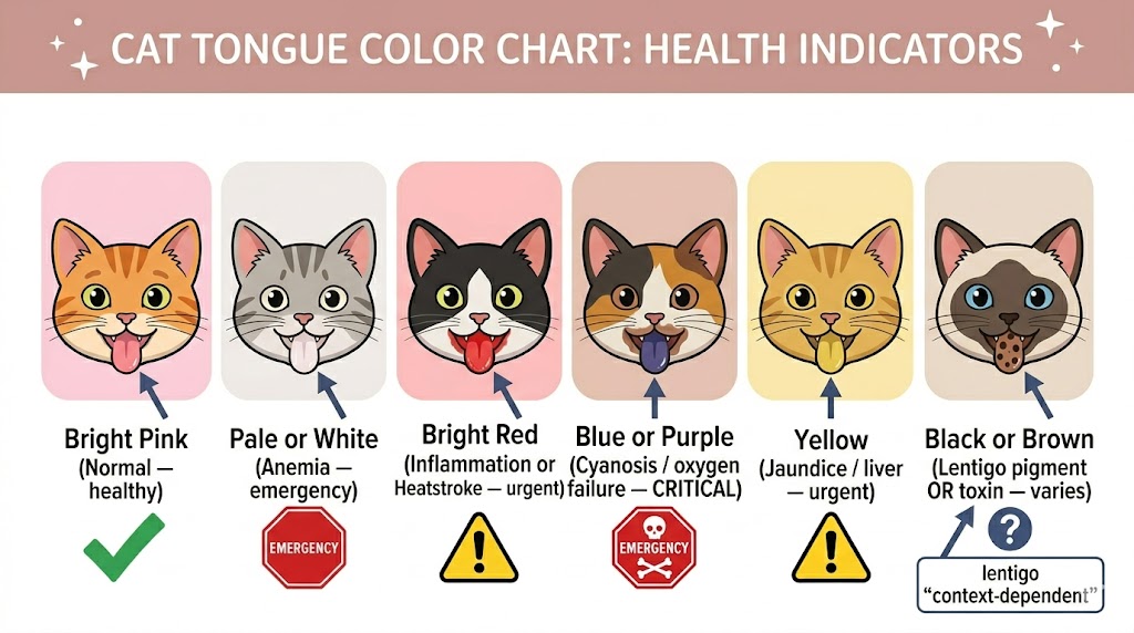 Cat tongue color chart with 6 colors — pink normal, pale anemia, red inflammation, blue cyanosis, yellow jaundice, black brown lentigo or toxin