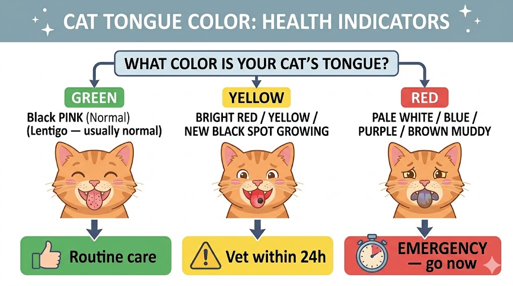 Cat tongue color emergency decision tree — green pink lentigo routine, yellow red bright spot 24h vet, red pale blue brown emergency now