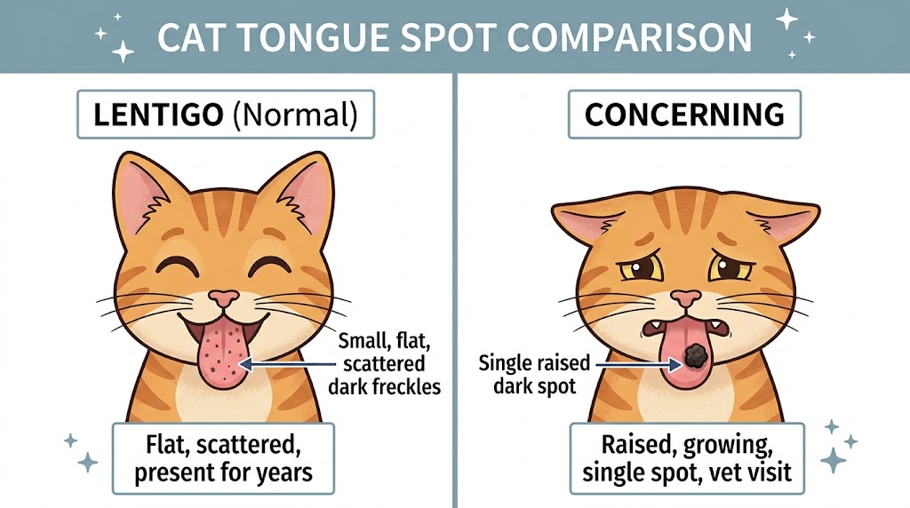 Cat tongue black spots comparison — left lentigo flat scattered freckles normal, right concerning single raised growing dark spot