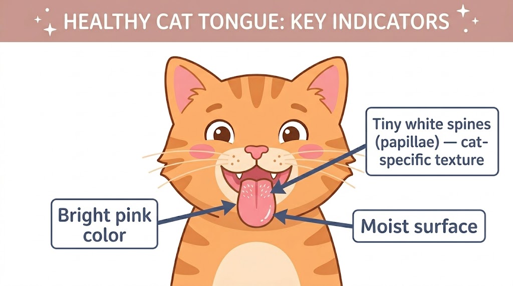 Healthy cat tongue — bright pink color, moist surface, with tiny white papillae spines visible