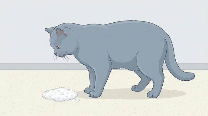 Cat white frothy vomit showing foam and mucus on floor
