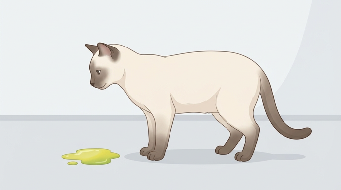 Cat vomiting yellow liquid bile on surface