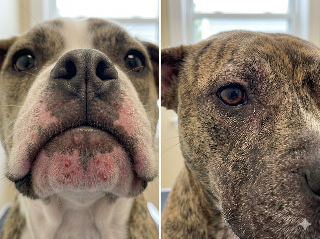 Comparison showing dog acne versus mange appearance