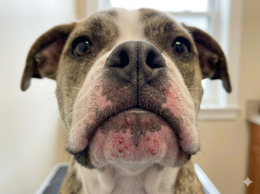 Dog with acne on lip and muzzle areas extending beyond the chin