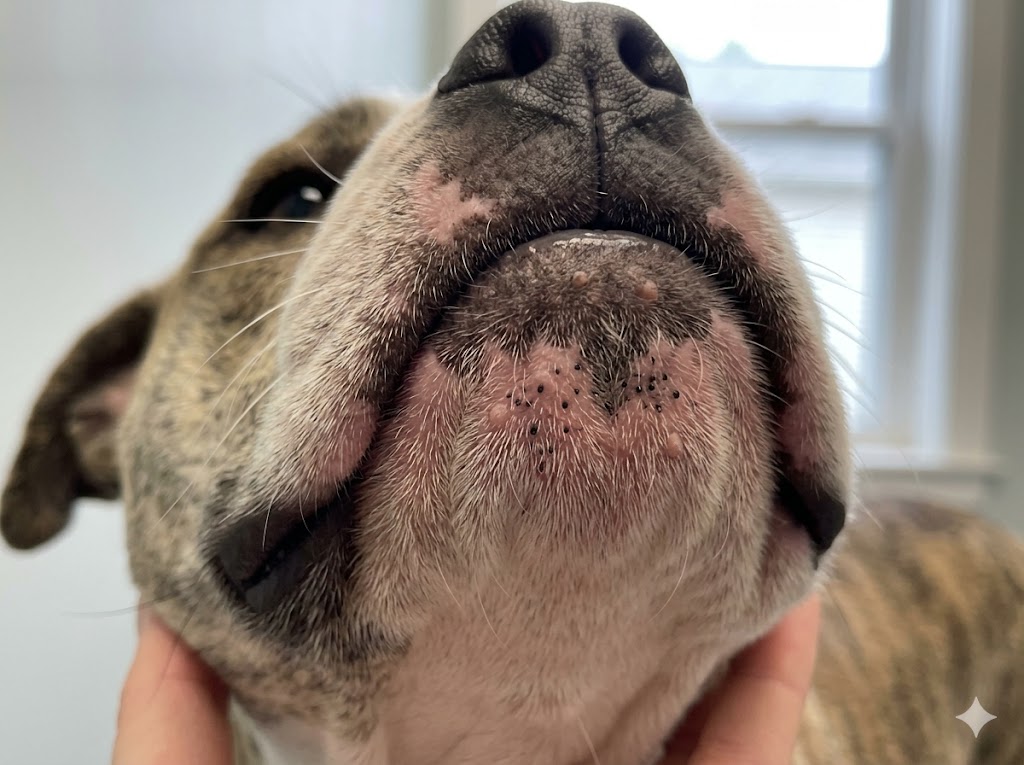 Dog chin with mild acne showing blackheads and comedones