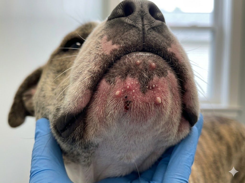 Dog chin with moderate acne showing red bumps and pustules
