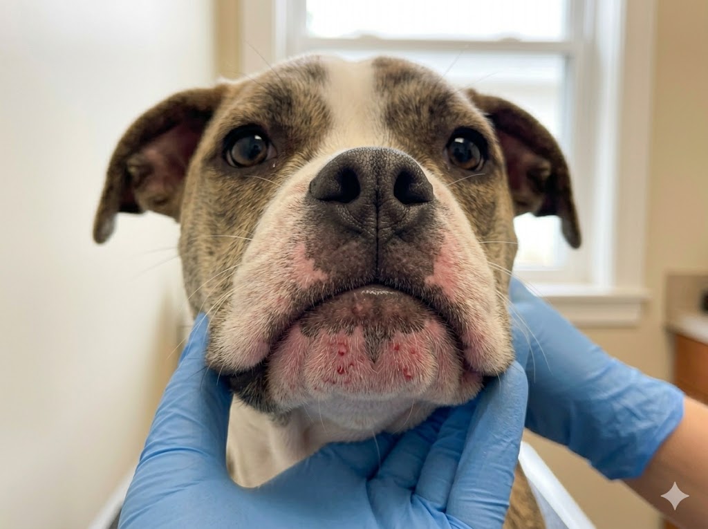Young puppy with hormonal puppy acne on chin and muzzle