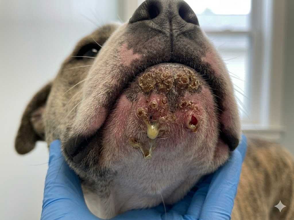 Severe dog acne with infection, swelling, bleeding, and scabs