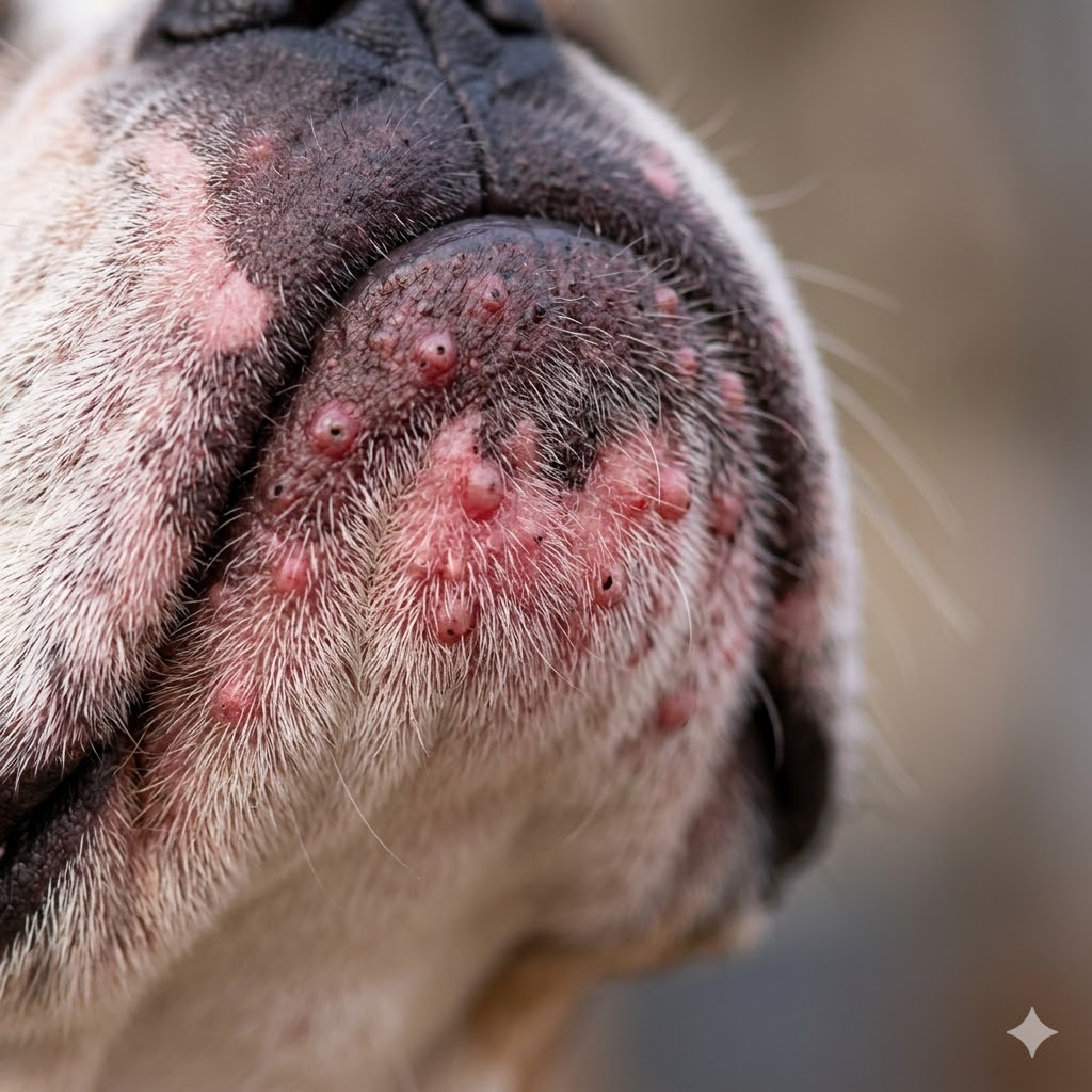 Good example: clear close-up photo of a dog chin showing acne detail