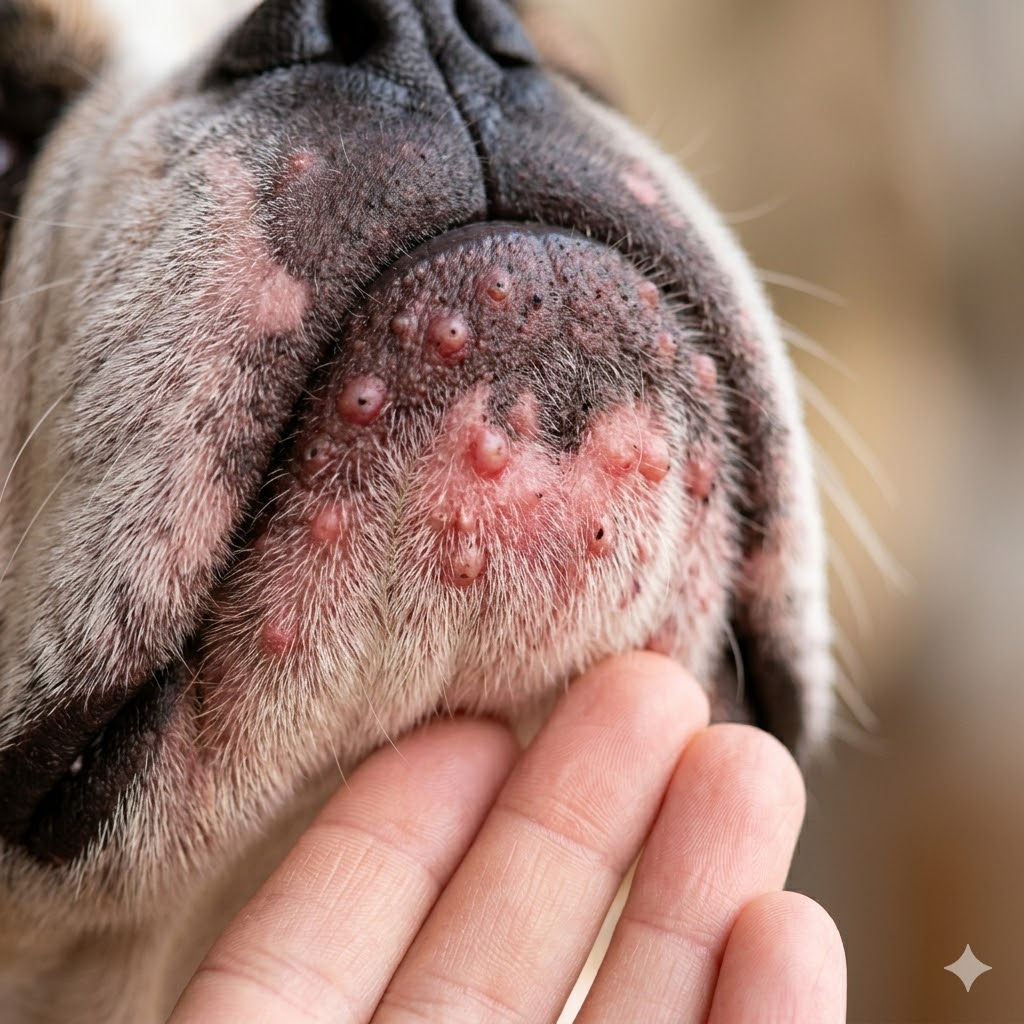 Good example: well-lit photo of dog chin showing pimples and skin texture
