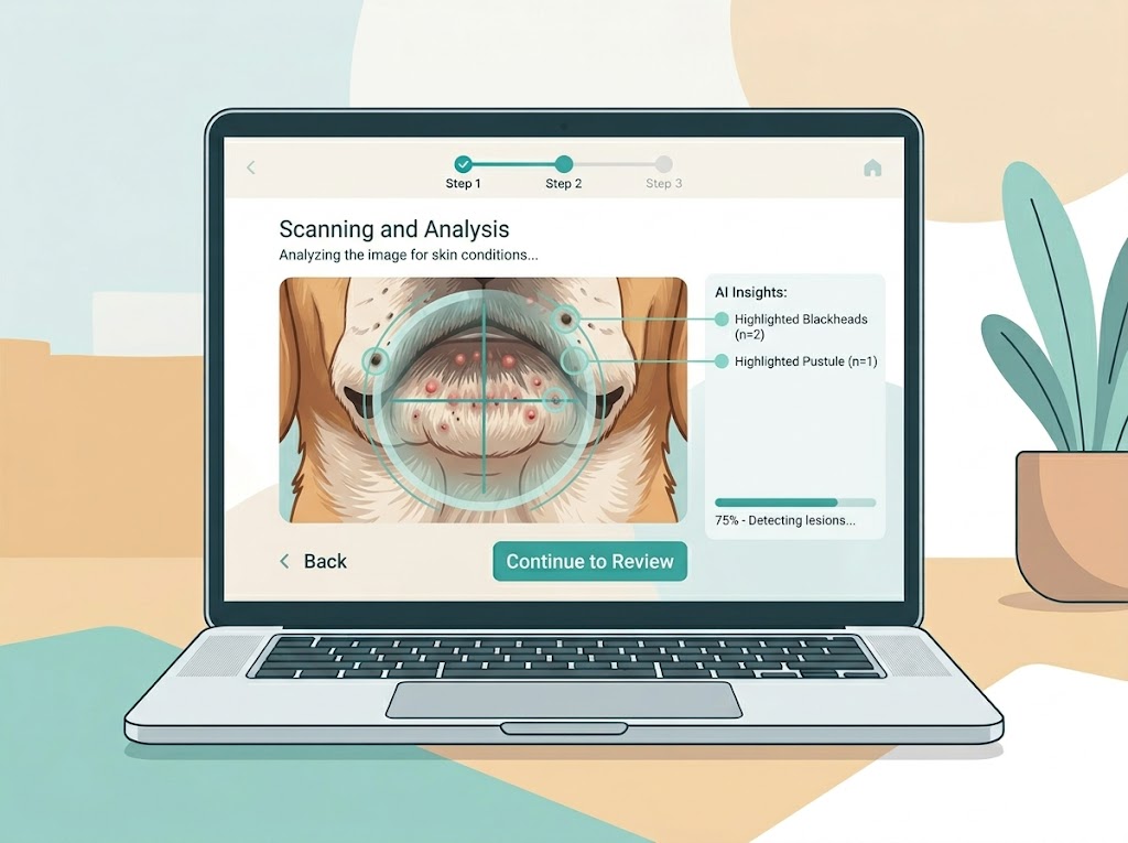 AI analyzing dog chin photo for acne, folliculitis, and mange