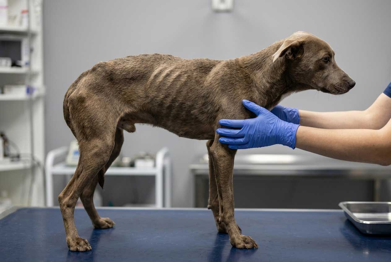 Severely underweight dog being examined at vet — too skinny despite eating