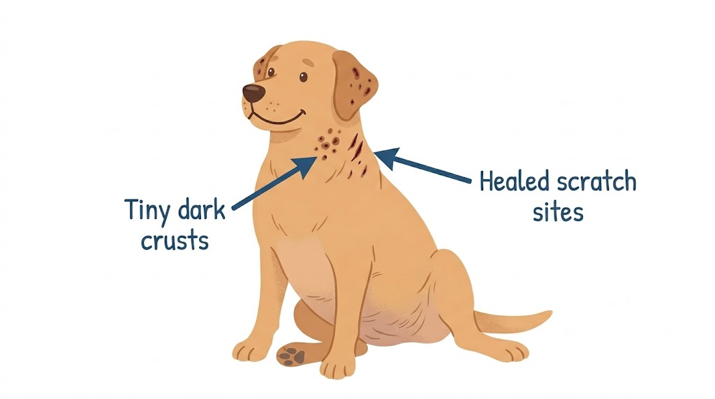 Cartoon illustration of a dog with small dark crusted scabs on neck and behind ears from healed scratches