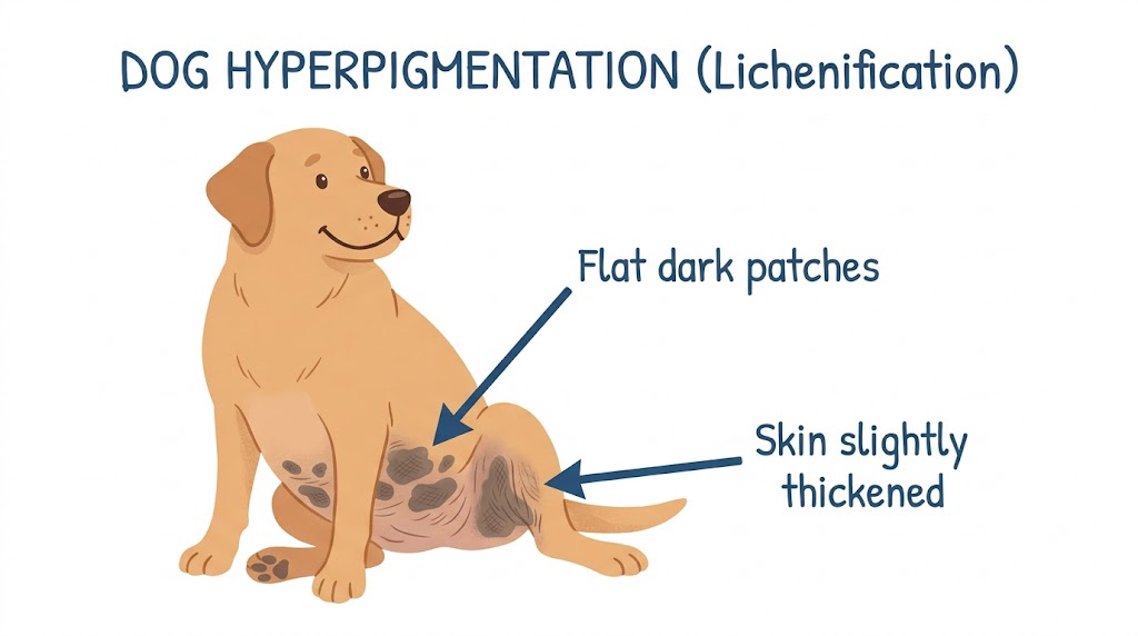 Cartoon illustration of a dog showing hyperpigmentation as flat dark patches on belly and inner thighs with thickened skin