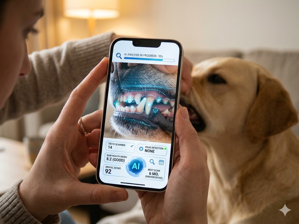 AI analyzing dog teeth photo for dental concerns