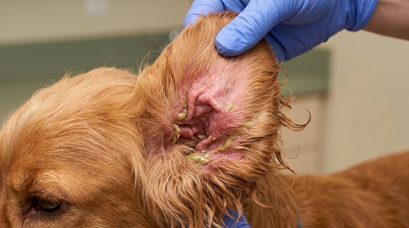 Dog ear infection showing redness swelling and yellow discharge