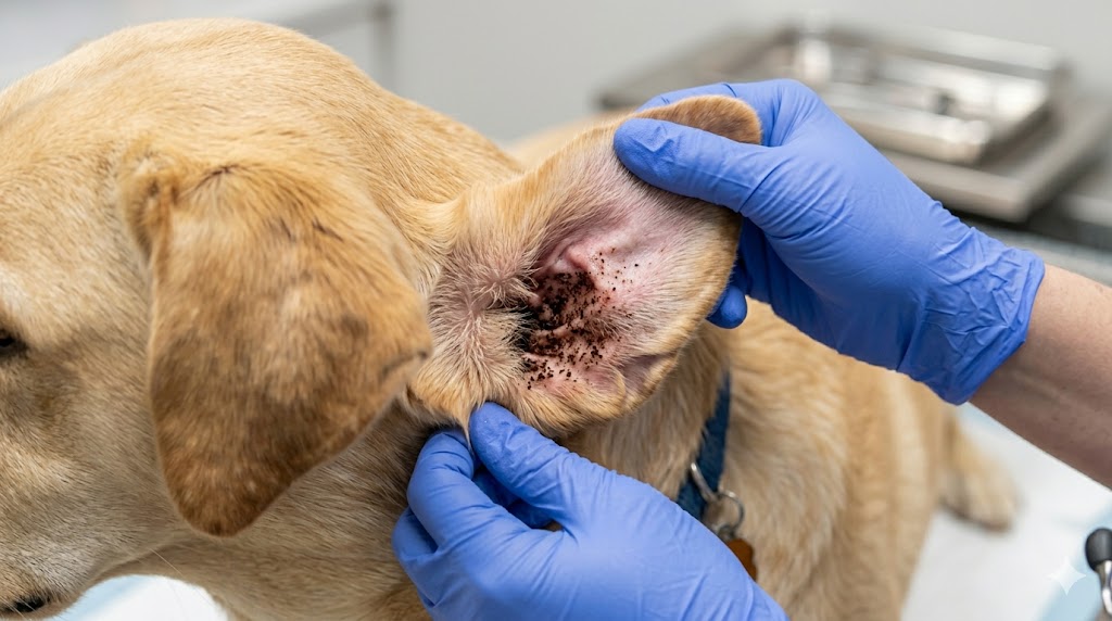 Dog ear mites showing dark crumbly discharge in ear canal