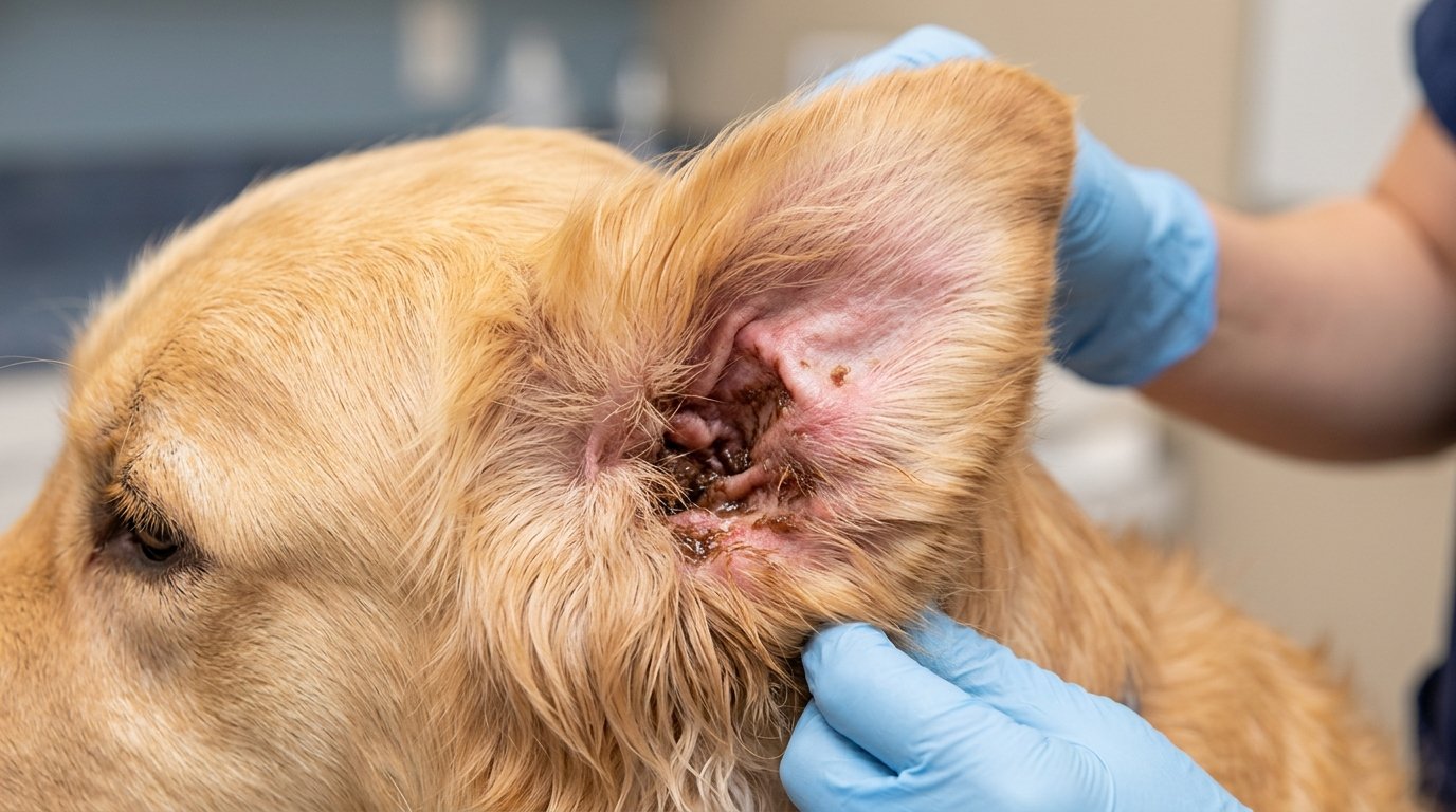 Dog ear yeast infection showing brown waxy buildup in ear canal