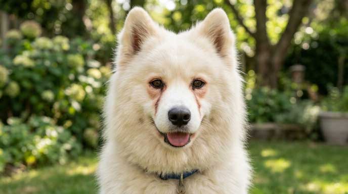Maltese dog with tear stains under eyes showing porphyrin fur discoloration