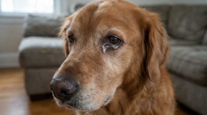 Cavalier King Charles Spaniel with dry eye showing thick white discharge