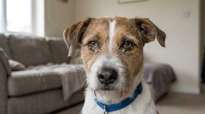 Dog with yellow or green eye discharge indicating bacterial infection