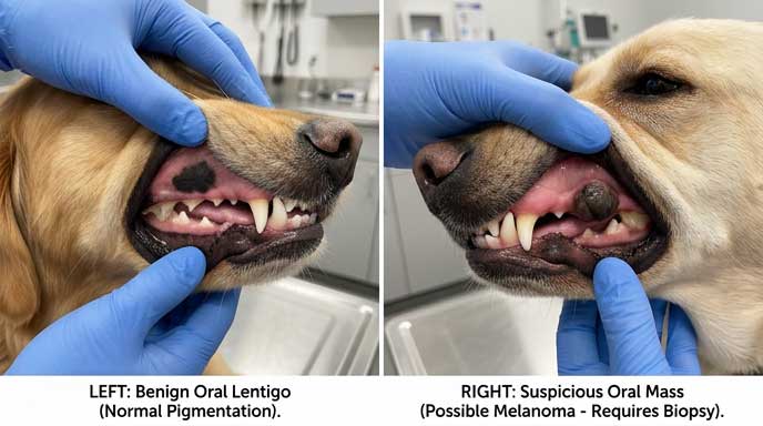 Dog gums showing benign lentigo pigmentation versus oral melanoma comparison