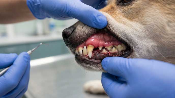 Dog with bleeding or inflamed gums showing gingivitis or coagulation problem