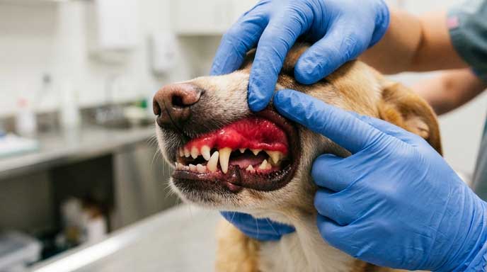 Bright red or cherry red dog gums indicating toxin, heatstroke, or carbon monoxide