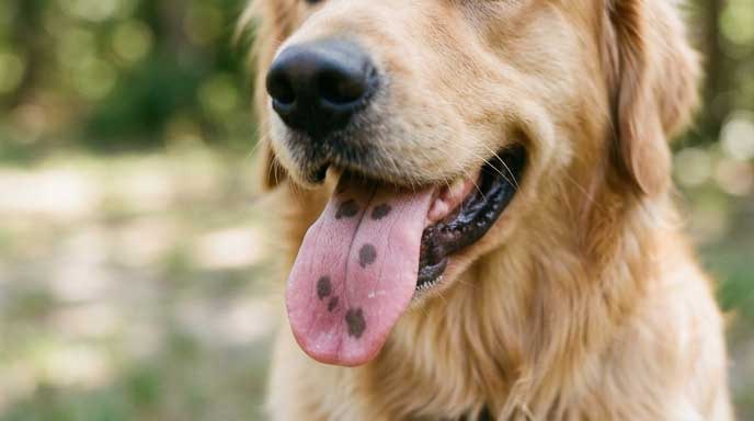 Dog tongue showing normal black pigment spots from benign lentigo