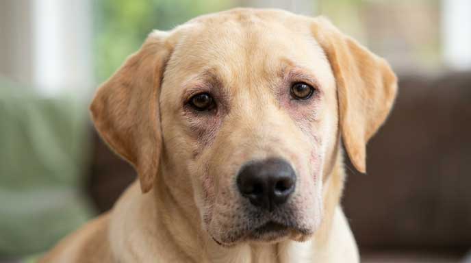Young dog with hair loss around the eyes suggesting demodex or allergies