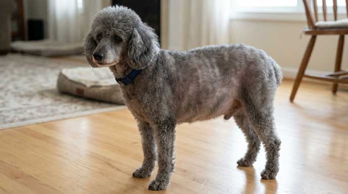 Dog with symmetric body-wide hair thinning from Cushing's or hypothyroidism